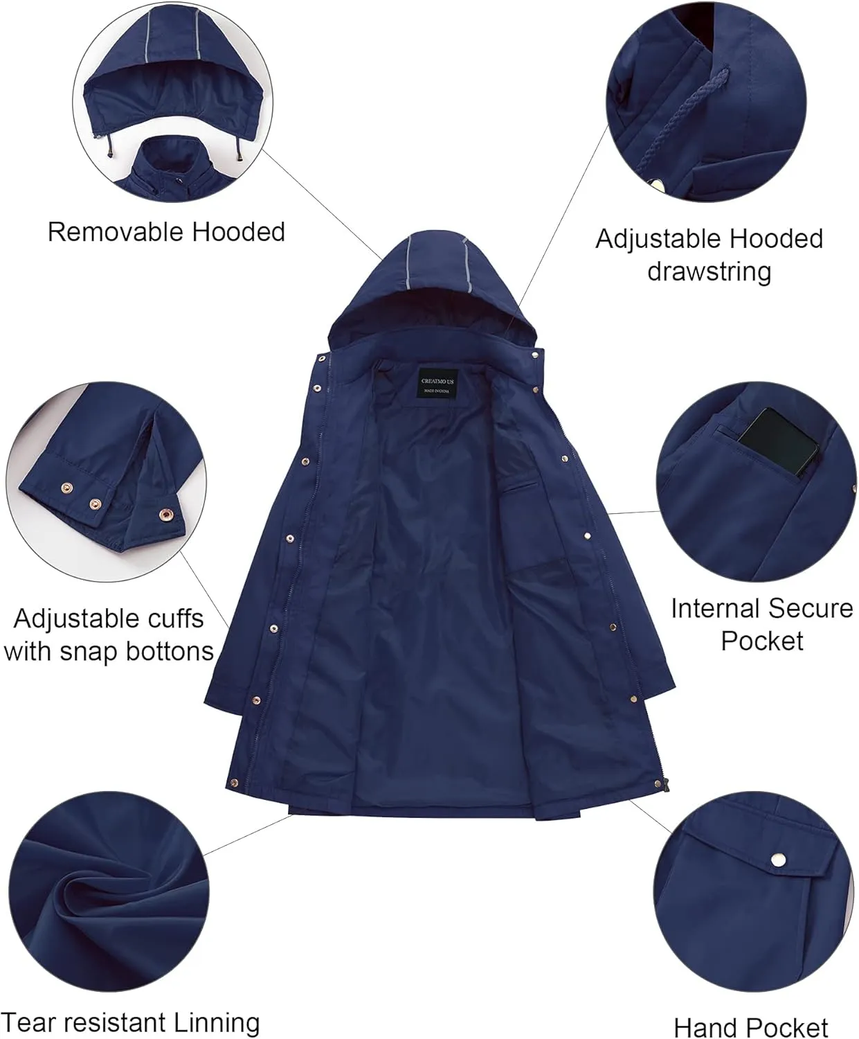CREATMO US Women's Plus Size Water-Resistant Trench Coat Long Windbreaker Military Jacket with Reflective Removable Hood