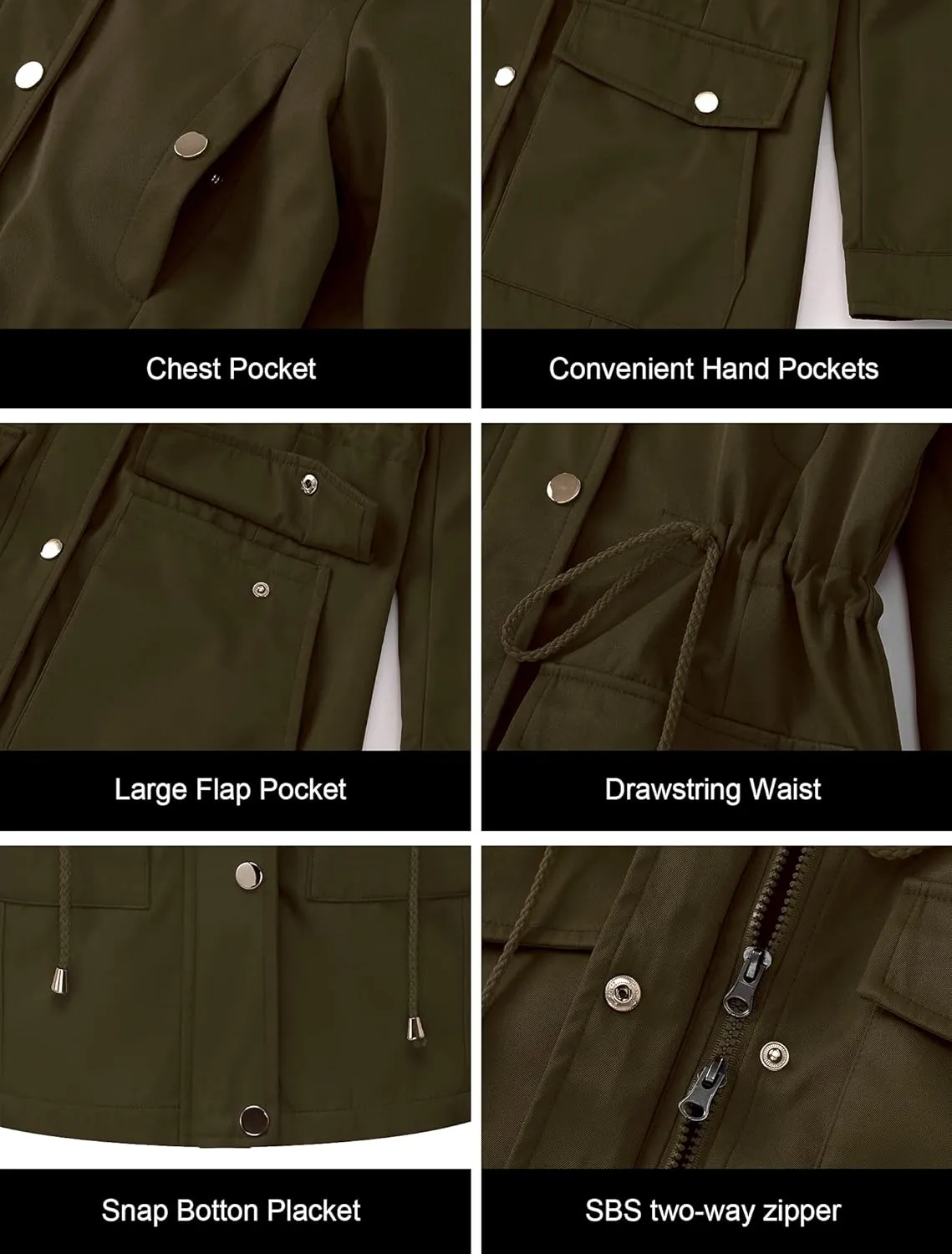 CREATMO US Women's Plus Size Water-Resistant Trench Coat Long Windbreaker Military Jacket with Reflective Removable Hood