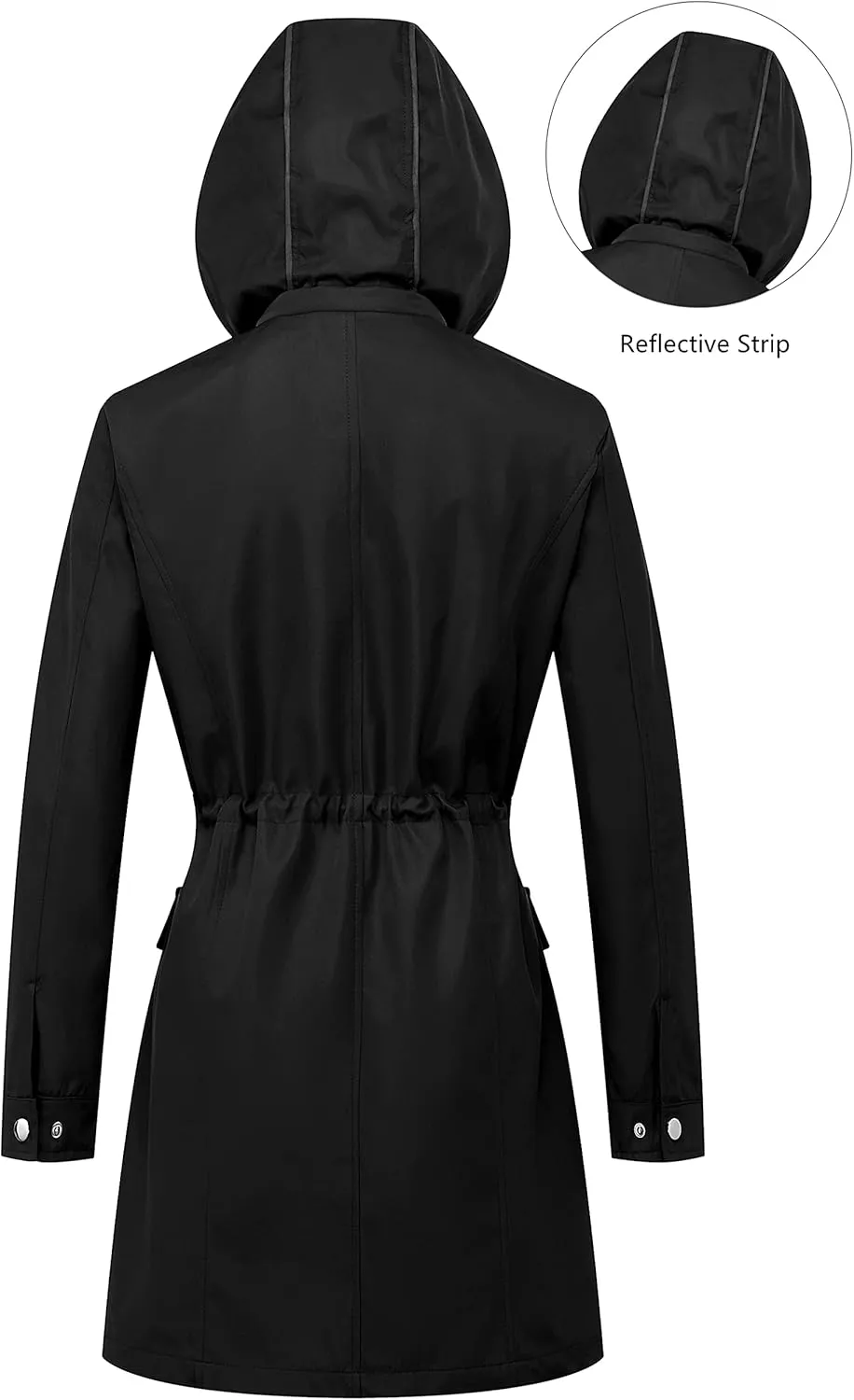 CREATMO US Women's Plus Size Water-Resistant Trench Coat Long Windbreaker Military Jacket with Reflective Removable Hood