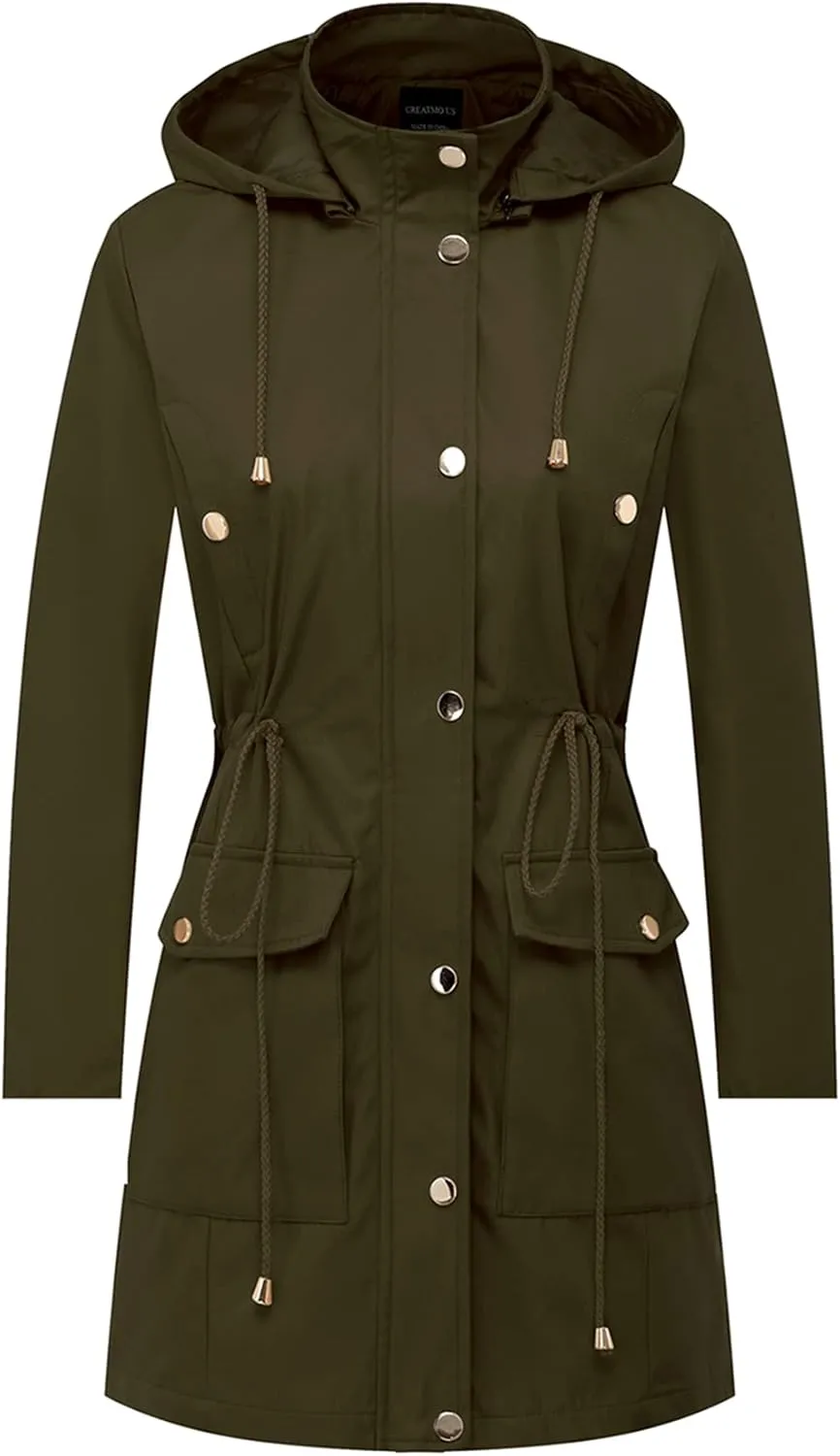 CREATMO US Women's Plus Size Water-Resistant Trench Coat Long Windbreaker Military Jacket with Reflective Removable Hood