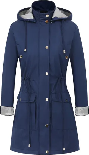 CREATMO US Women's Plus Size Water-Resistant Trench Coat Long Windbreaker Military Jacket with Reflective Removable Hood