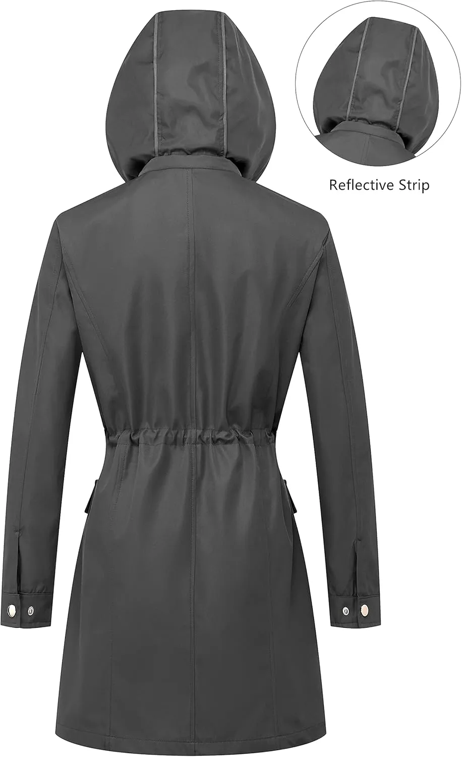 CREATMO US Women's Plus Size Water-Resistant Trench Coat Long Windbreaker Military Jacket with Reflective Removable Hood