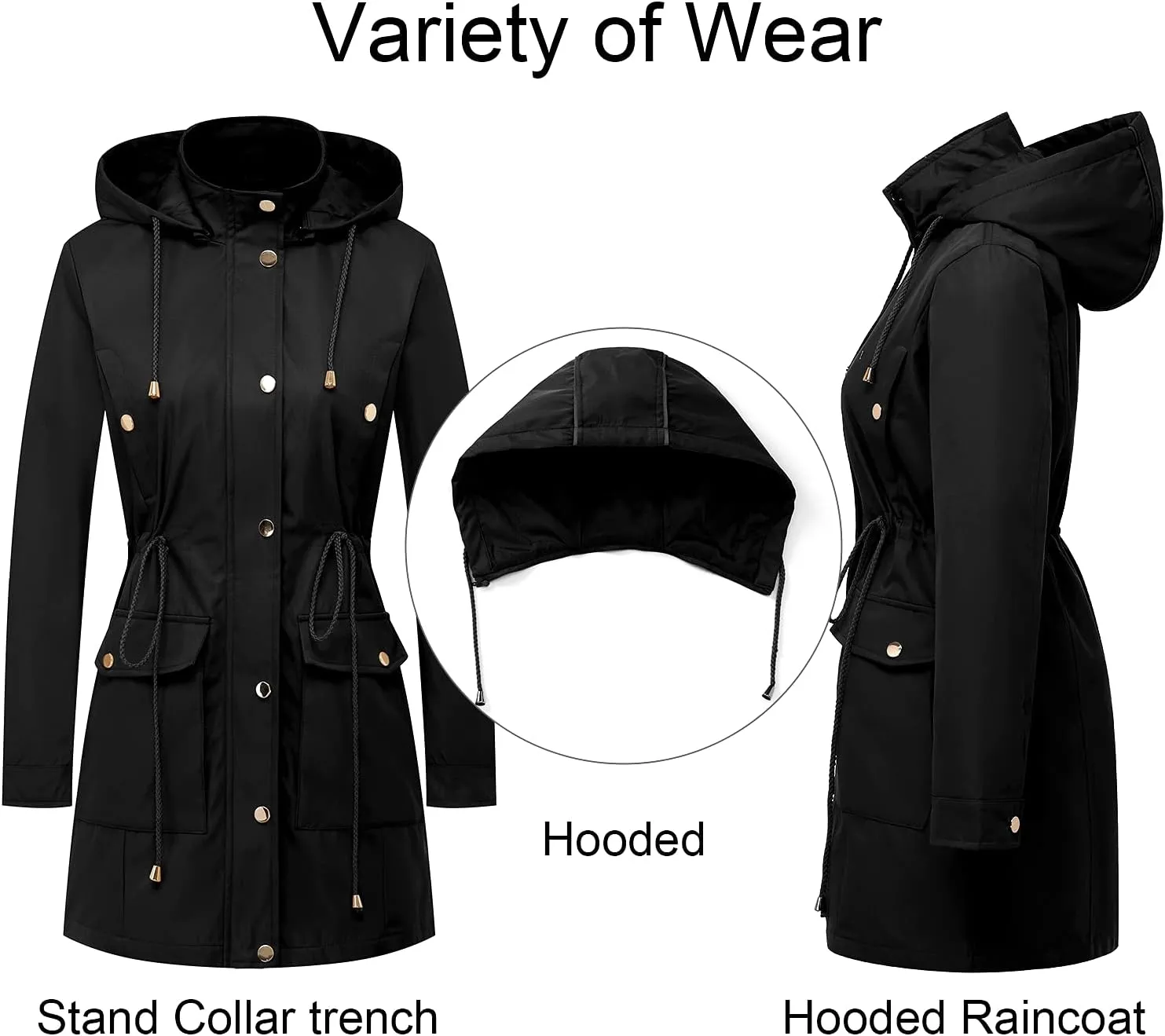 CREATMO US Women's Plus Size Water-Resistant Trench Coat Long Windbreaker Military Jacket with Reflective Removable Hood
