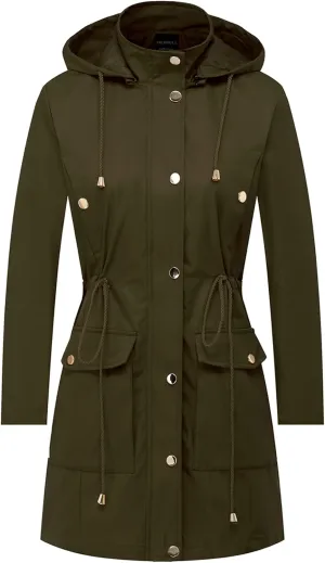 CREATMO US Women's Plus Size Water-Resistant Trench Coat Long Windbreaker Military Jacket with Reflective Removable Hood