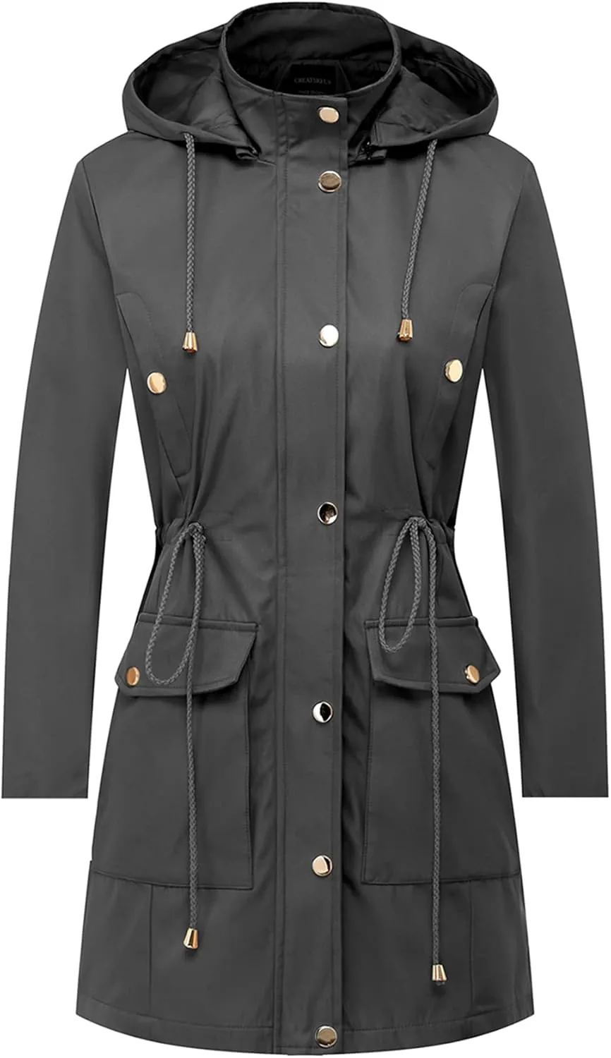 CREATMO US Women's Plus Size Water-Resistant Trench Coat Long Windbreaker Military Jacket with Reflective Removable Hood