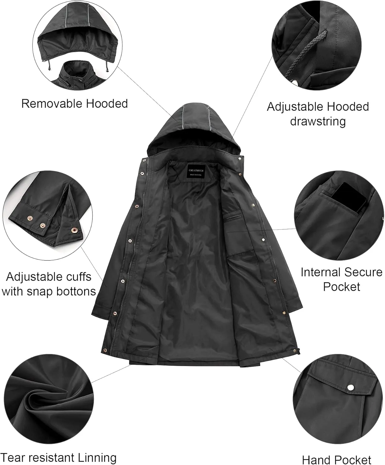 CREATMO US Women's Plus Size Water-Resistant Trench Coat Long Windbreaker Military Jacket with Reflective Removable Hood