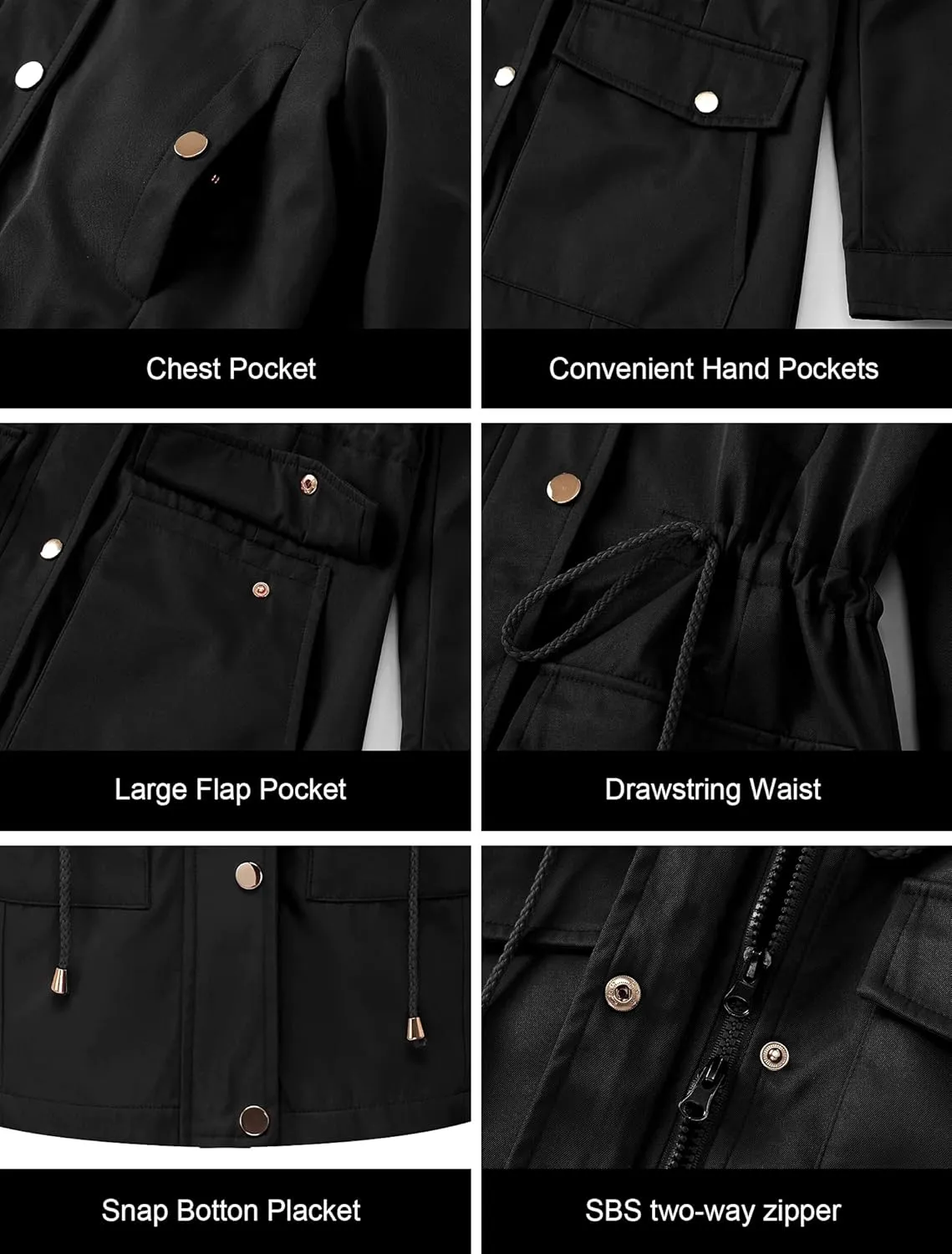 CREATMO US Women's Plus Size Water-Resistant Trench Coat Long Windbreaker Military Jacket with Reflective Removable Hood