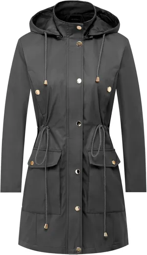 CREATMO US Women's Plus Size Water-Resistant Trench Coat Long Windbreaker Military Jacket with Reflective Removable Hood