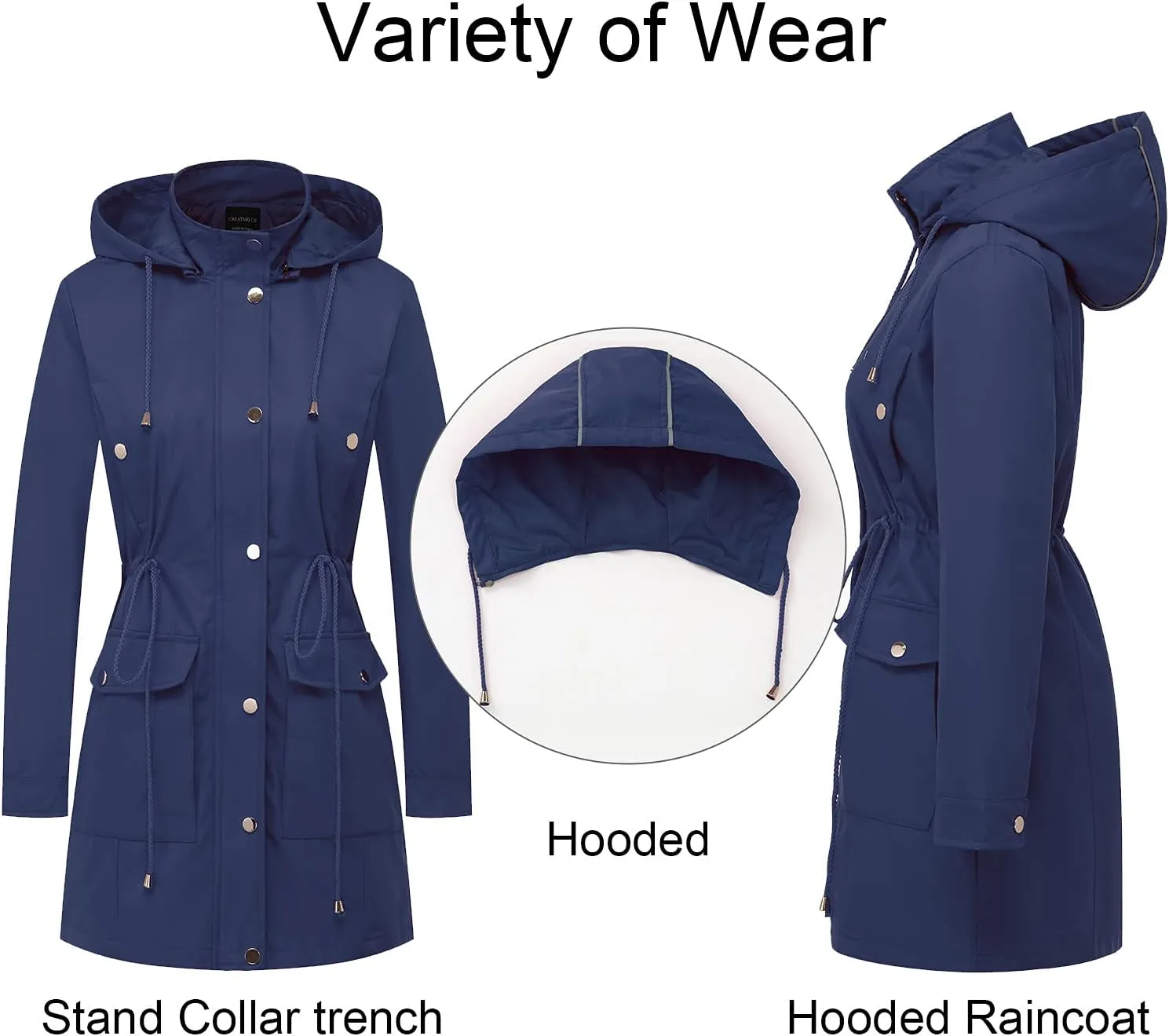 CREATMO US Women's Plus Size Water-Resistant Trench Coat Long Windbreaker Military Jacket with Reflective Removable Hood