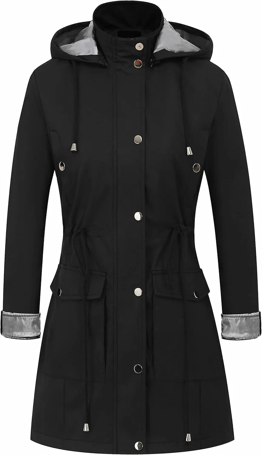CREATMO US Women's Plus Size Water-Resistant Trench Coat Long Windbreaker Military Jacket with Reflective Removable Hood