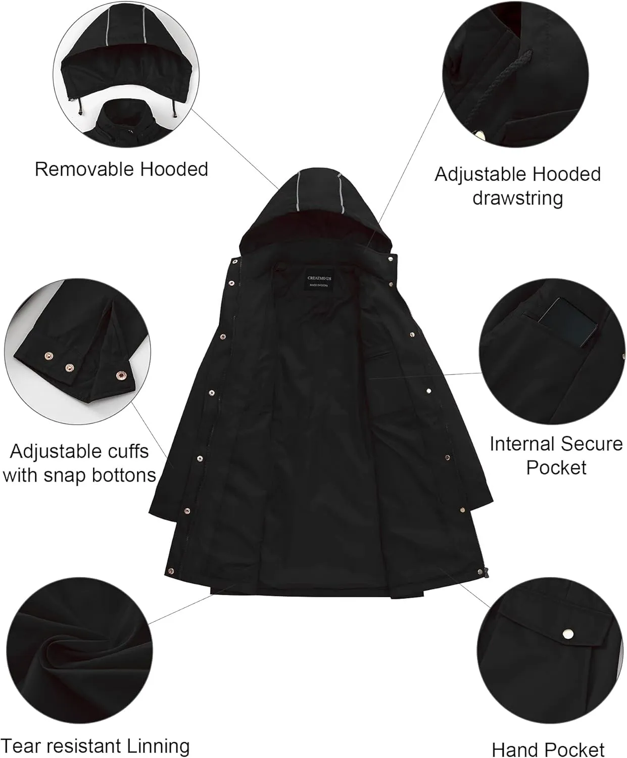 CREATMO US Women's Plus Size Water-Resistant Trench Coat Long Windbreaker Military Jacket with Reflective Removable Hood
