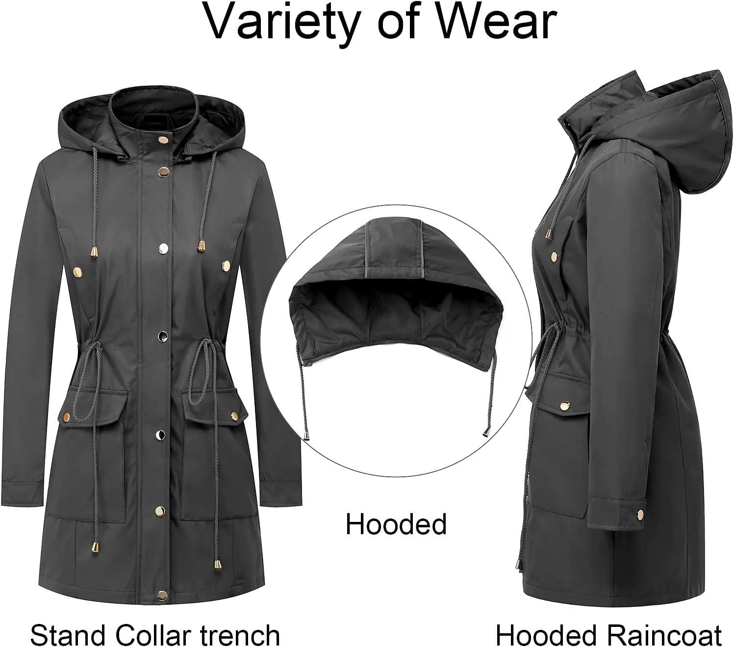 CREATMO US Women's Plus Size Water-Resistant Trench Coat Long Windbreaker Military Jacket with Reflective Removable Hood