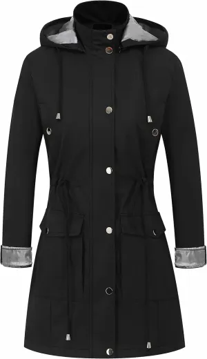 CREATMO US Women's Plus Size Water-Resistant Trench Coat Long Windbreaker Military Jacket with Reflective Removable Hood