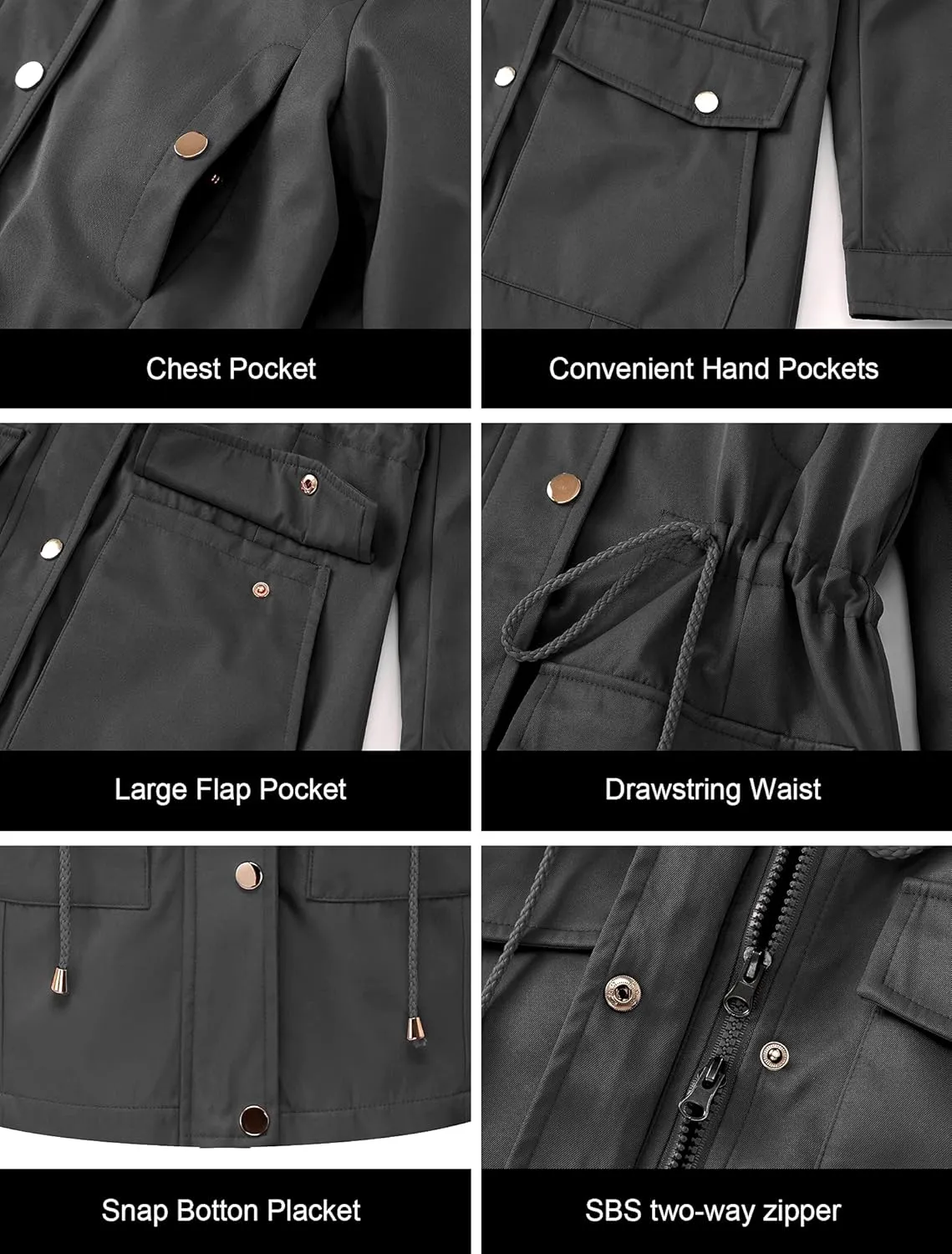 CREATMO US Women's Plus Size Water-Resistant Trench Coat Long Windbreaker Military Jacket with Reflective Removable Hood