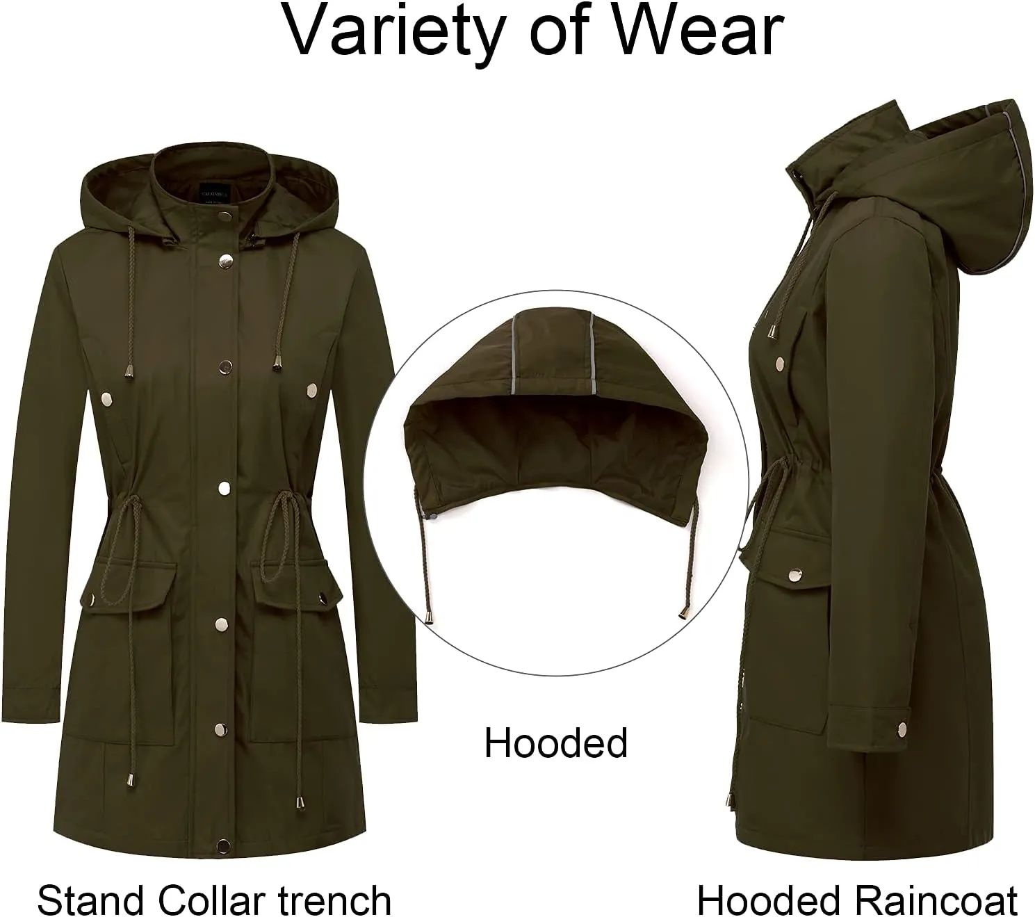 CREATMO US Women's Plus Size Water-Resistant Trench Coat Long Windbreaker Military Jacket with Reflective Removable Hood