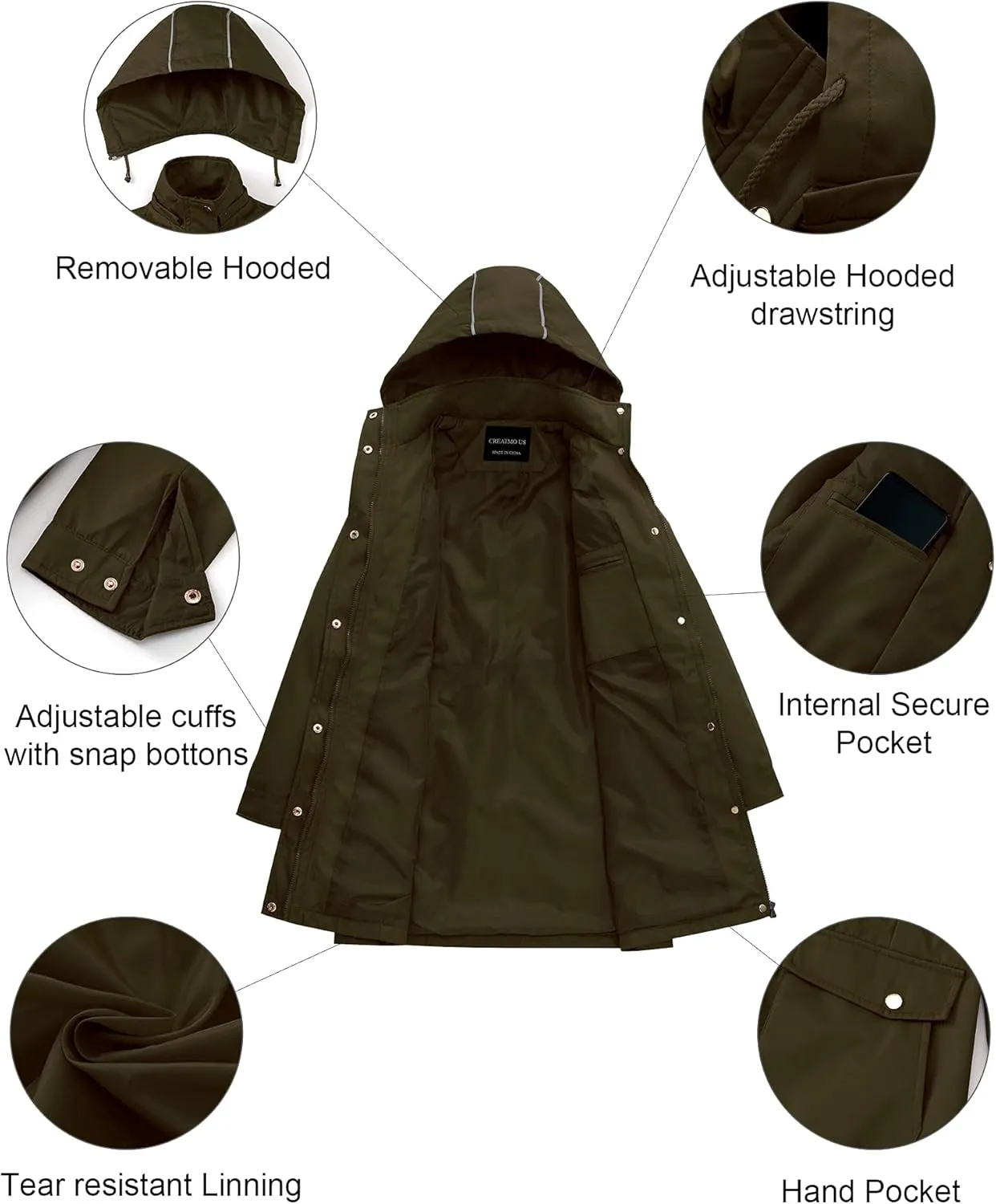 CREATMO US Women's Plus Size Water-Resistant Trench Coat Long Windbreaker Military Jacket with Reflective Removable Hood