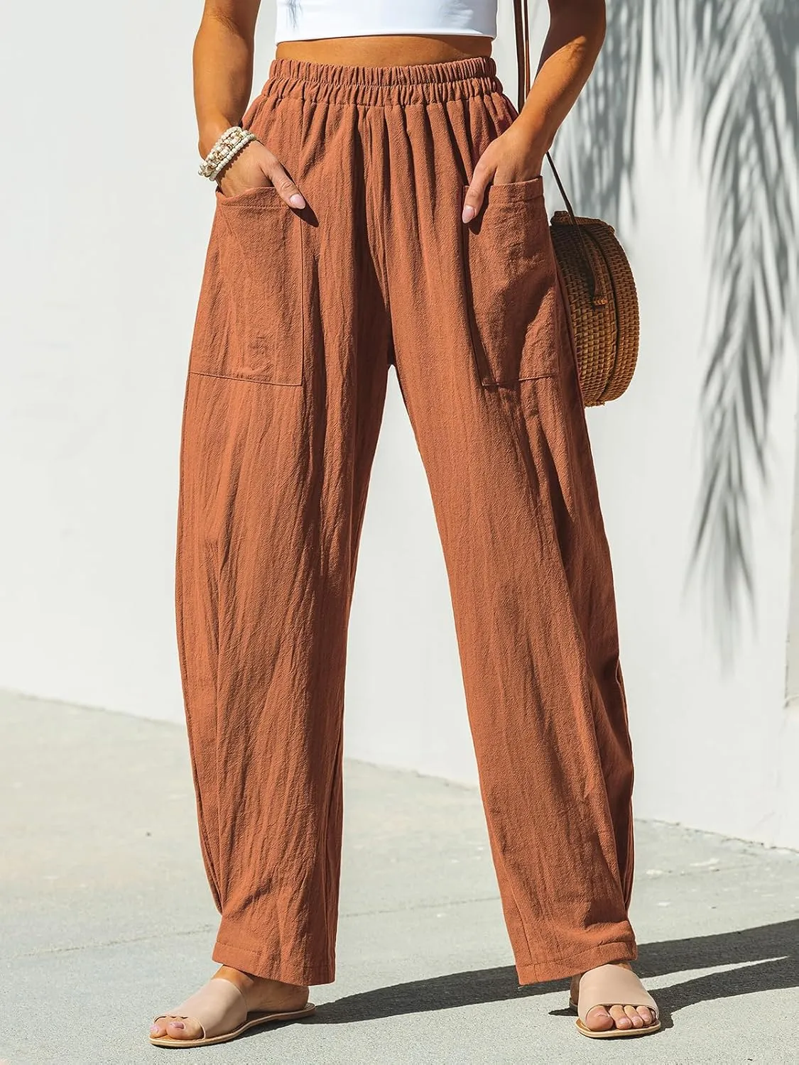 CUPSHE Women Pants Patch Pocket Tapered Leg Elastic Waist Long Pant Casual Beach
