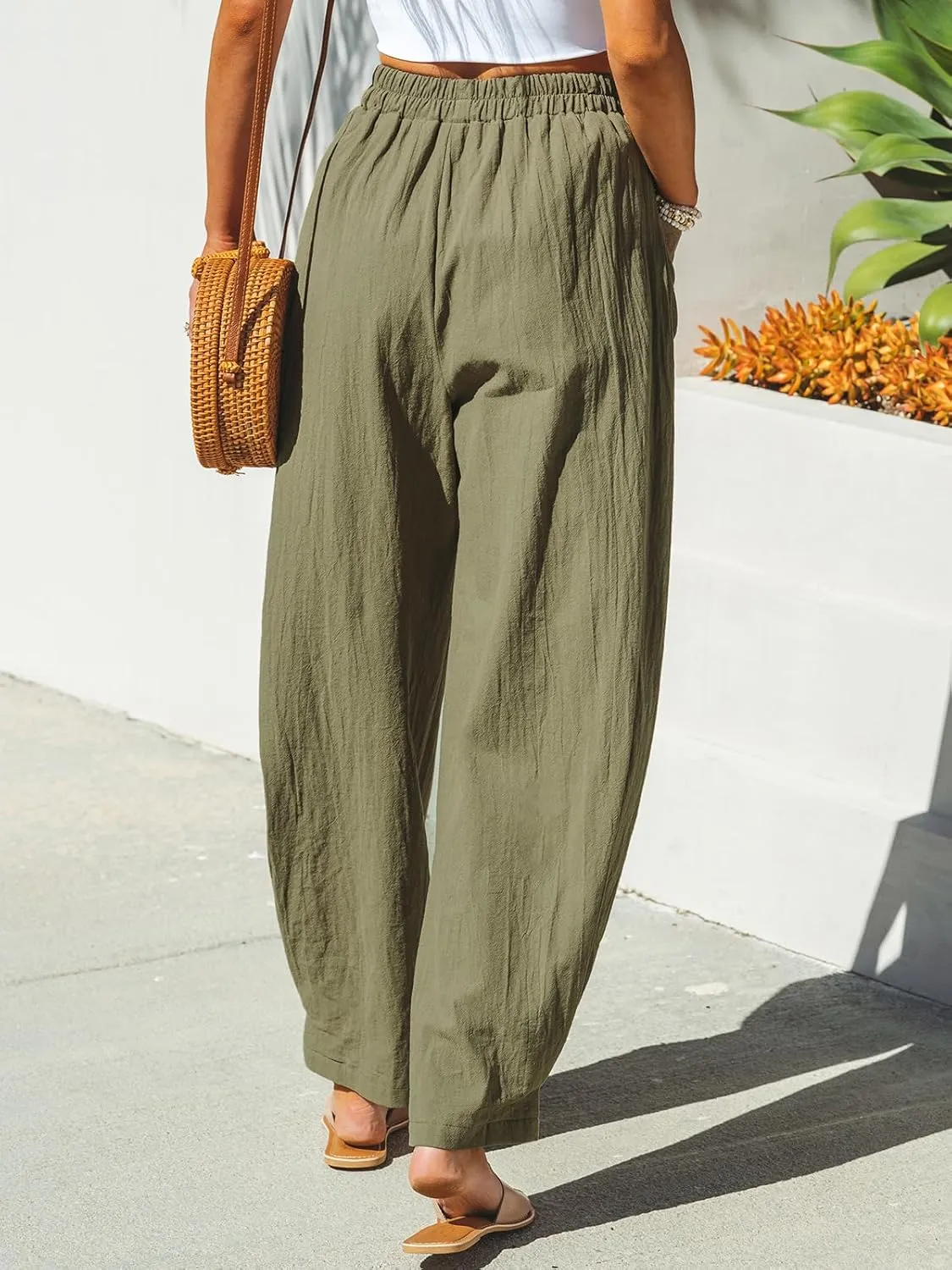 CUPSHE Women Pants Patch Pocket Tapered Leg Elastic Waist Long Pant Casual Beach