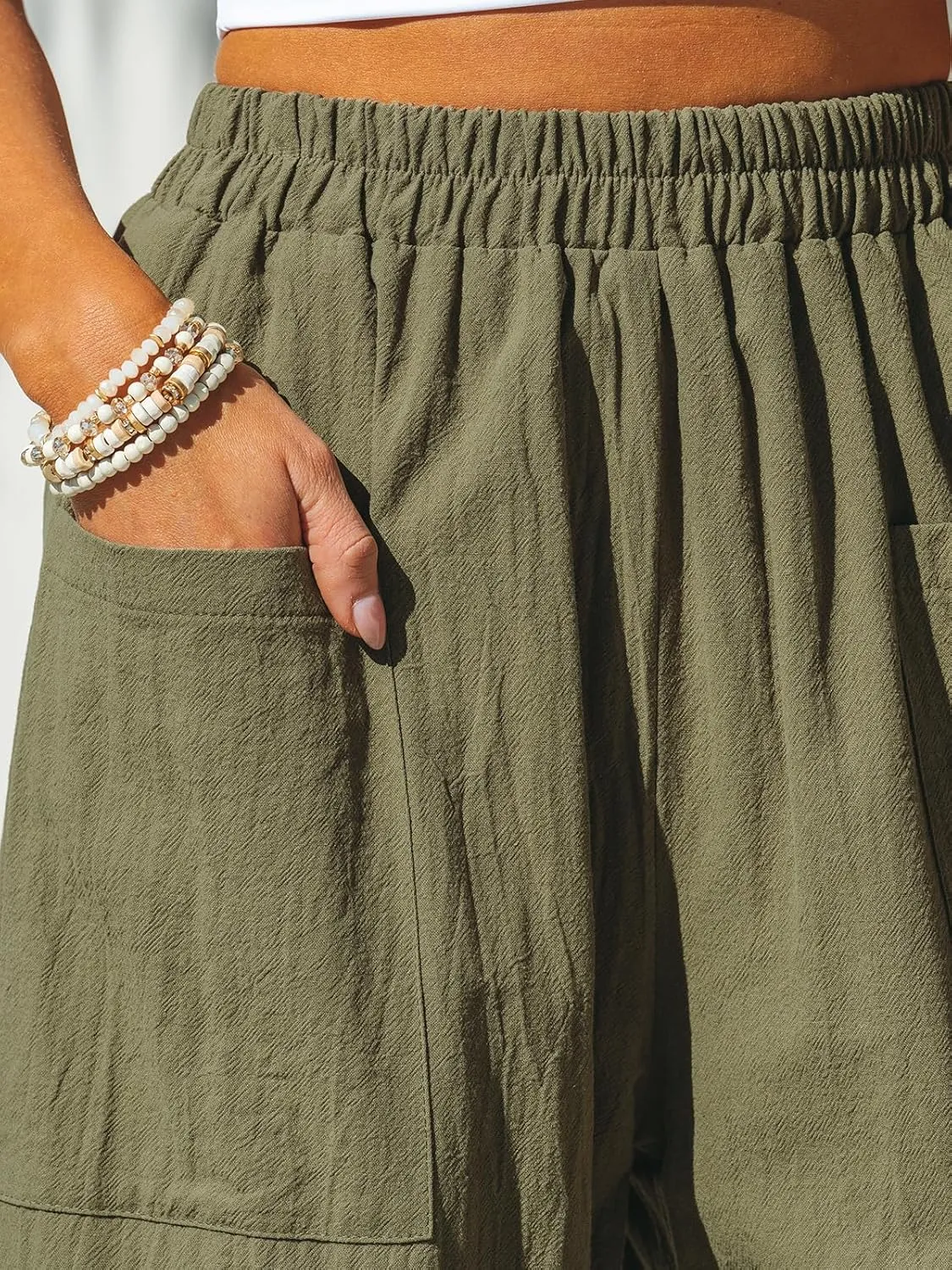 CUPSHE Women Pants Patch Pocket Tapered Leg Elastic Waist Long Pant Casual Beach