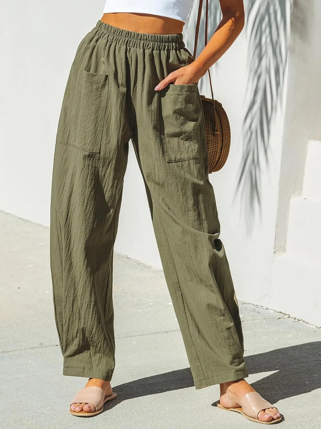 CUPSHE Women Pants Patch Pocket Tapered Leg Elastic Waist Long Pant Casual Beach