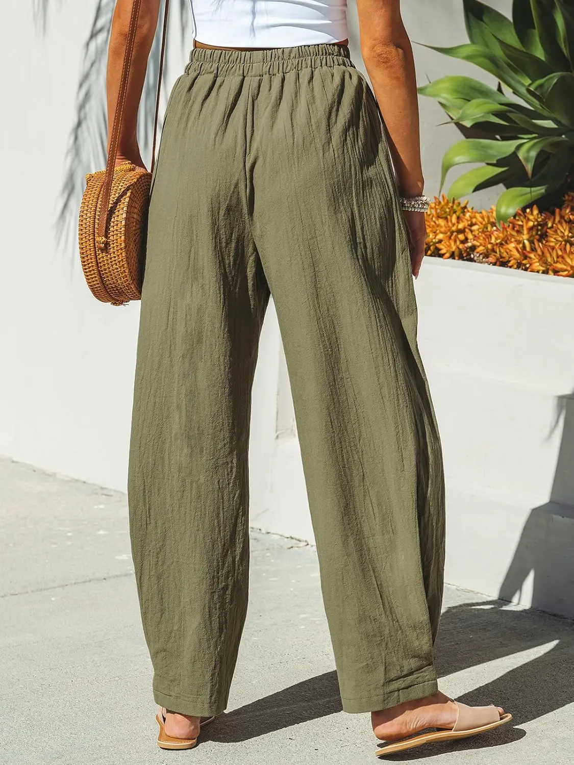 CUPSHE Women Pants Patch Pocket Tapered Leg Elastic Waist Long Pant Casual Beach