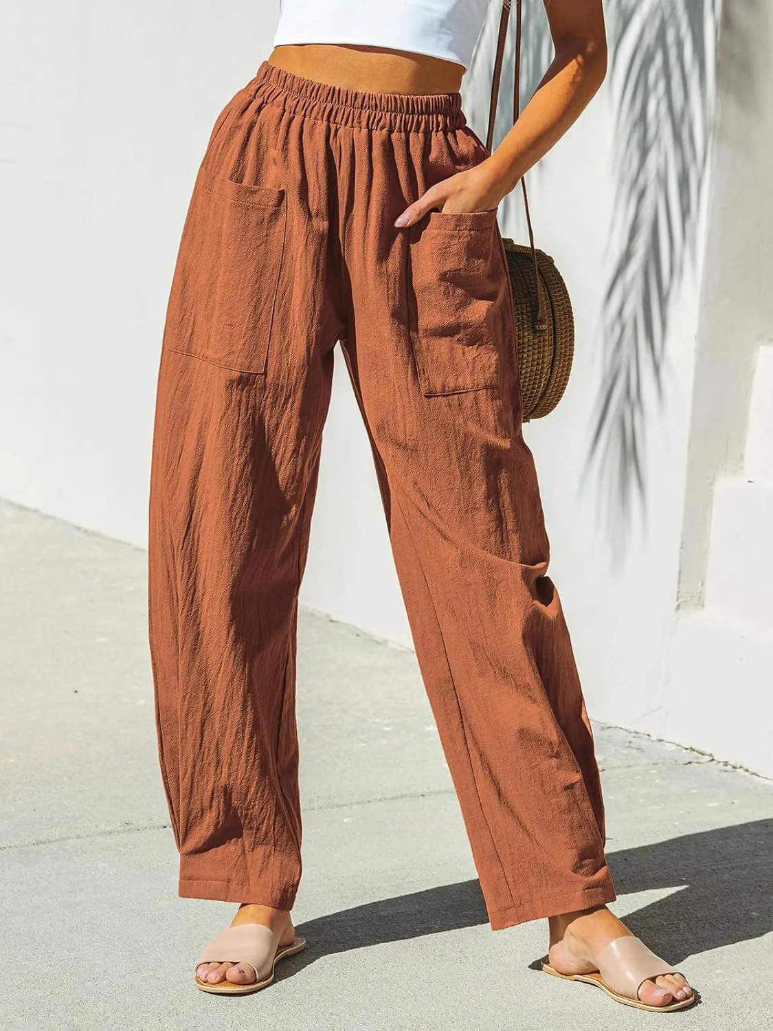 CUPSHE Women Pants Patch Pocket Tapered Leg Elastic Waist Long Pant Casual Beach