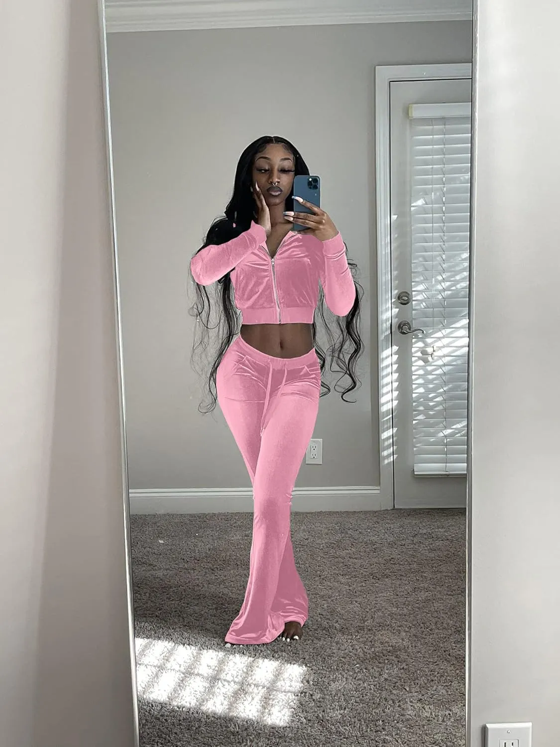 Cute Velour Tracksuit Women 2 Piece Outfits Sets Sexy Cropped Zip Up Hoodie Crop Tops Jackets Flared Pant with Pocket