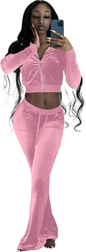 Cute Velour Tracksuit Women 2 Piece Outfits Sets Sexy Cropped Zip Up Hoodie Crop Tops Jackets Flared Pant with Pocket