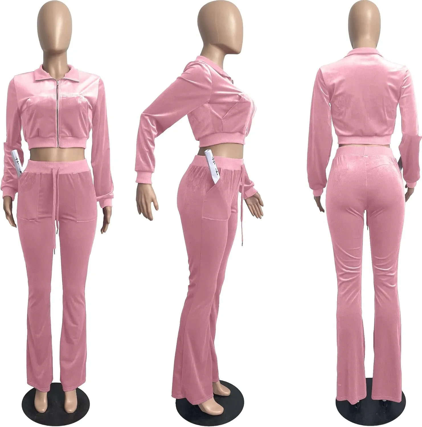 Cute Velour Tracksuit Women 2 Piece Outfits Sets Sexy Cropped Zip Up Hoodie Crop Tops Jackets Flared Pant with Pocket