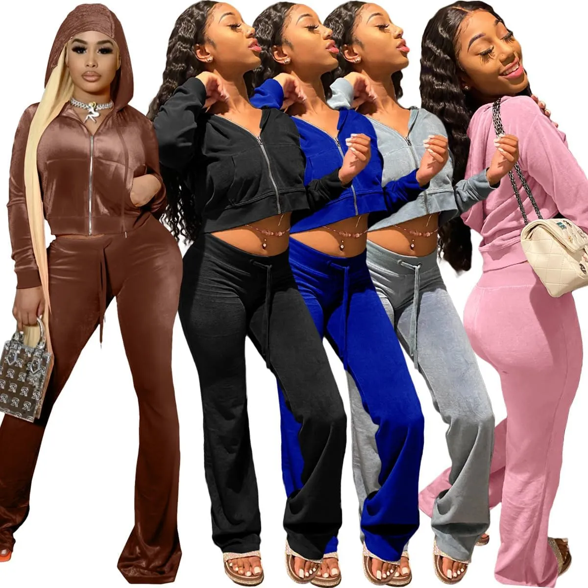 Cute Velour Tracksuit Women 2 Piece Outfits Sets Sexy Cropped Zip Up Hoodie Crop Tops Jackets Flared Pant with Pocket