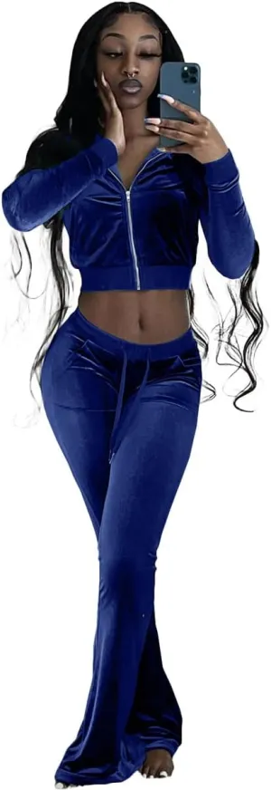 Cute Velour Tracksuit Women 2 Piece Outfits Sets Sexy Cropped Zip Up Hoodie Crop Tops Jackets Flared Pant with Pocket