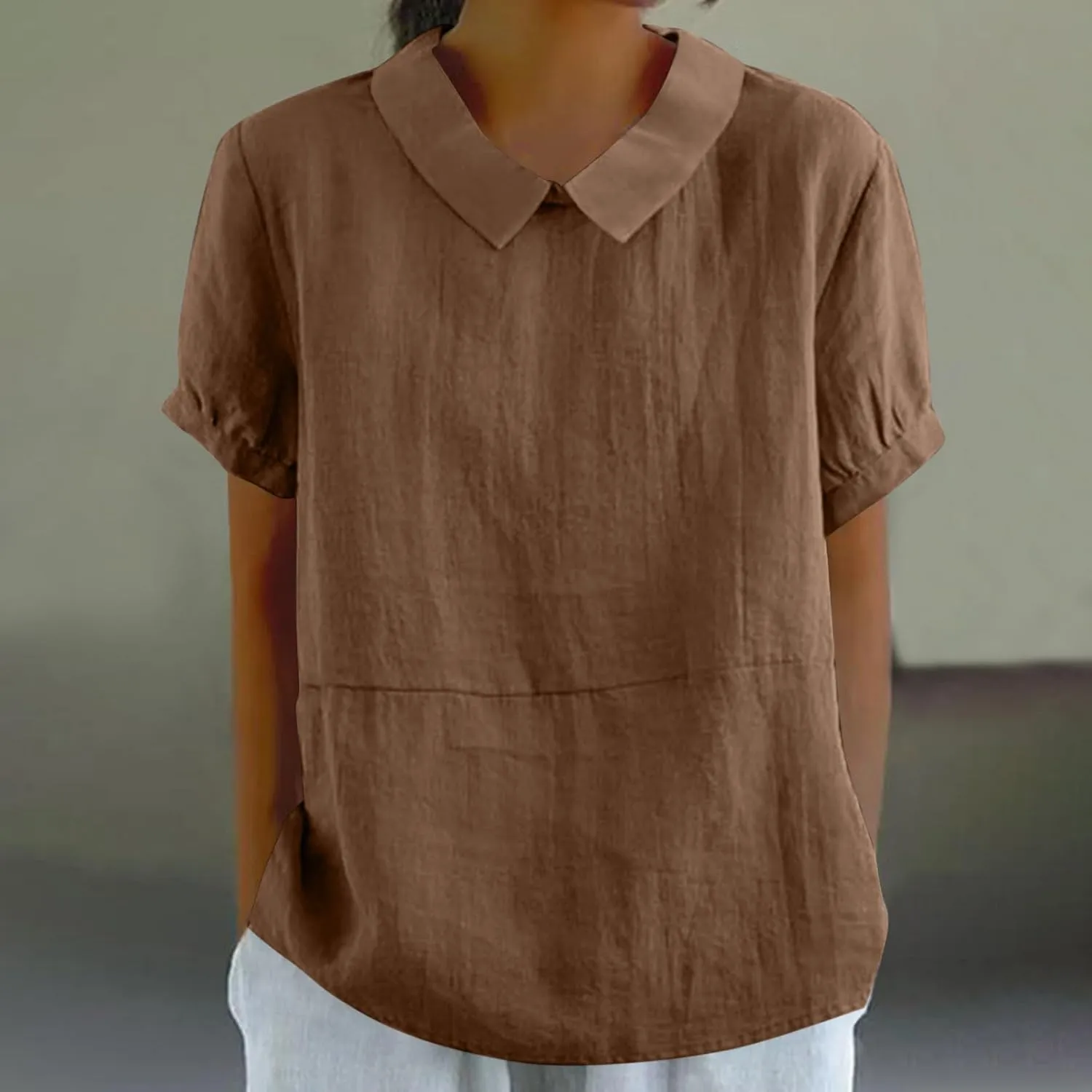 DASAYO Cute Tops for Women Peter Pan Collar Short Sleeve Linen Shirts Plus Size Floral Blouses Dressy Casual Summer Clothes