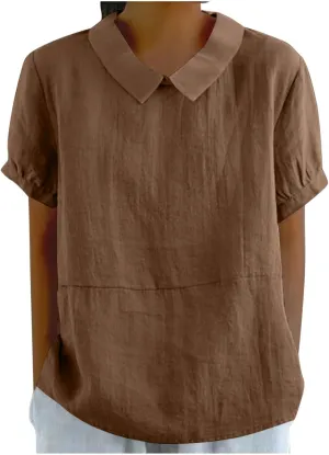 DASAYO Cute Tops for Women Peter Pan Collar Short Sleeve Linen Shirts Plus Size Floral Blouses Dressy Casual Summer Clothes