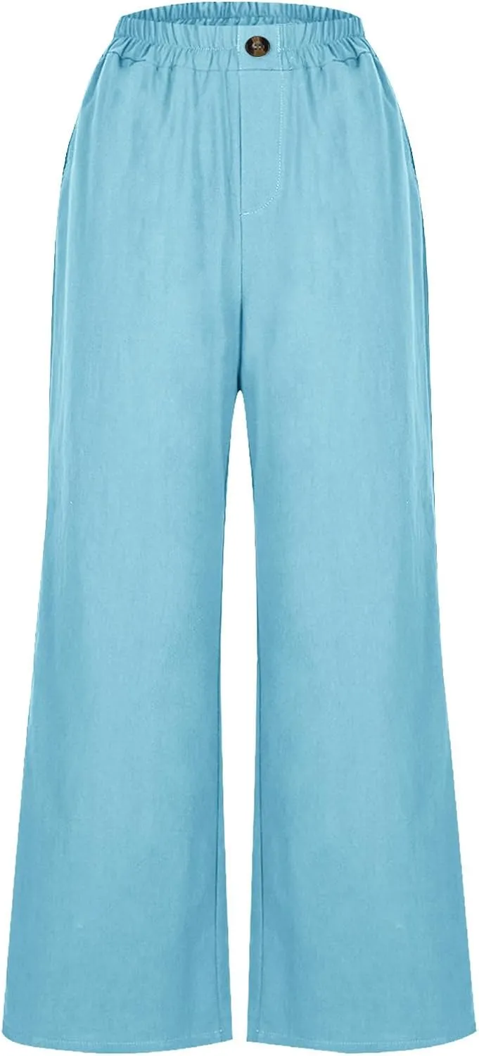 DASAYO Linen Pants Women Summer Elastic Waist Wide Leg Trousers with Pockets Ladies Loose Lounge Cropped Palazzo Beach Pants