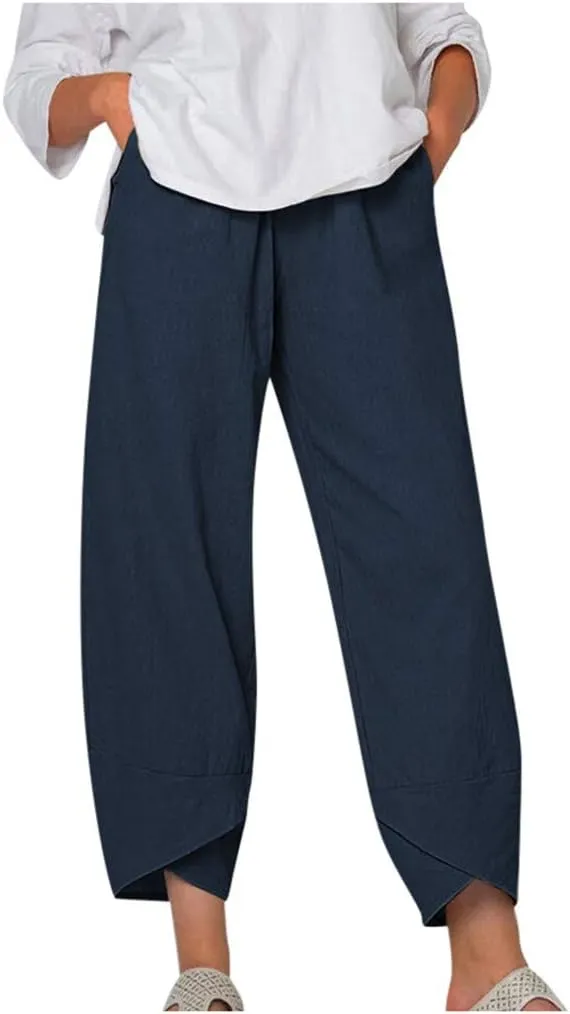 DASAYO Linen Pants Women Trendy Elastic Waist Casual Pants with Pockets Lightweight Lounge Trousers Ladies Summer Outfits
