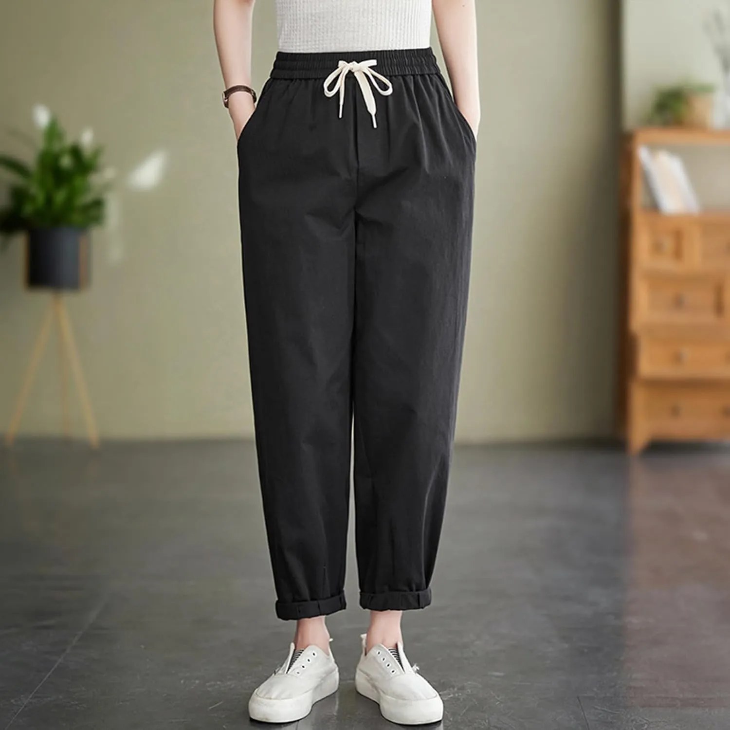 DASAYO Womens Linen Pants Drawstring Elastic Waist Straight Leg Casual Trousers with Pockets Spring Summer Clothes Fashion