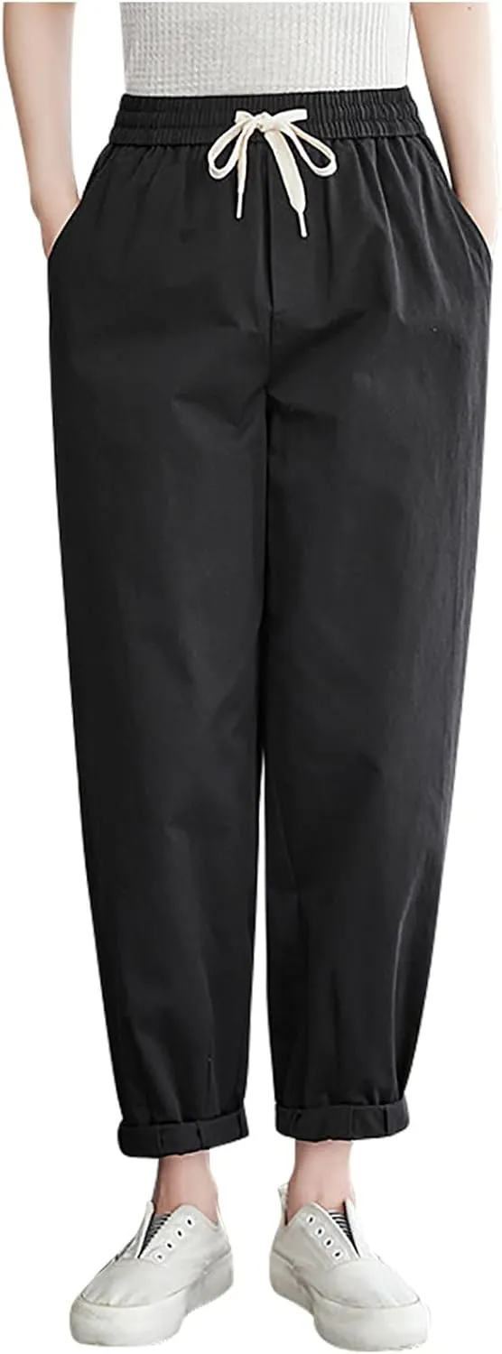 DASAYO Womens Linen Pants Drawstring Elastic Waist Straight Leg Casual Trousers with Pockets Spring Summer Clothes Fashion