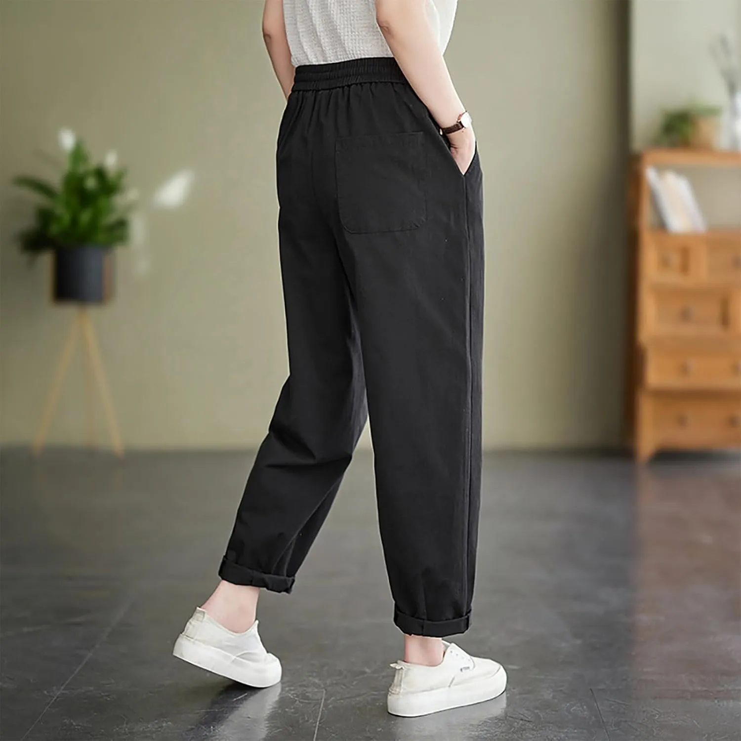 DASAYO Womens Linen Pants Drawstring Elastic Waist Straight Leg Casual Trousers with Pockets Spring Summer Clothes Fashion