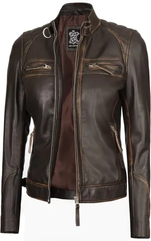 Decrum Real Womens Leather Jacket - Cafe Racer Style Leather Jackets for Women