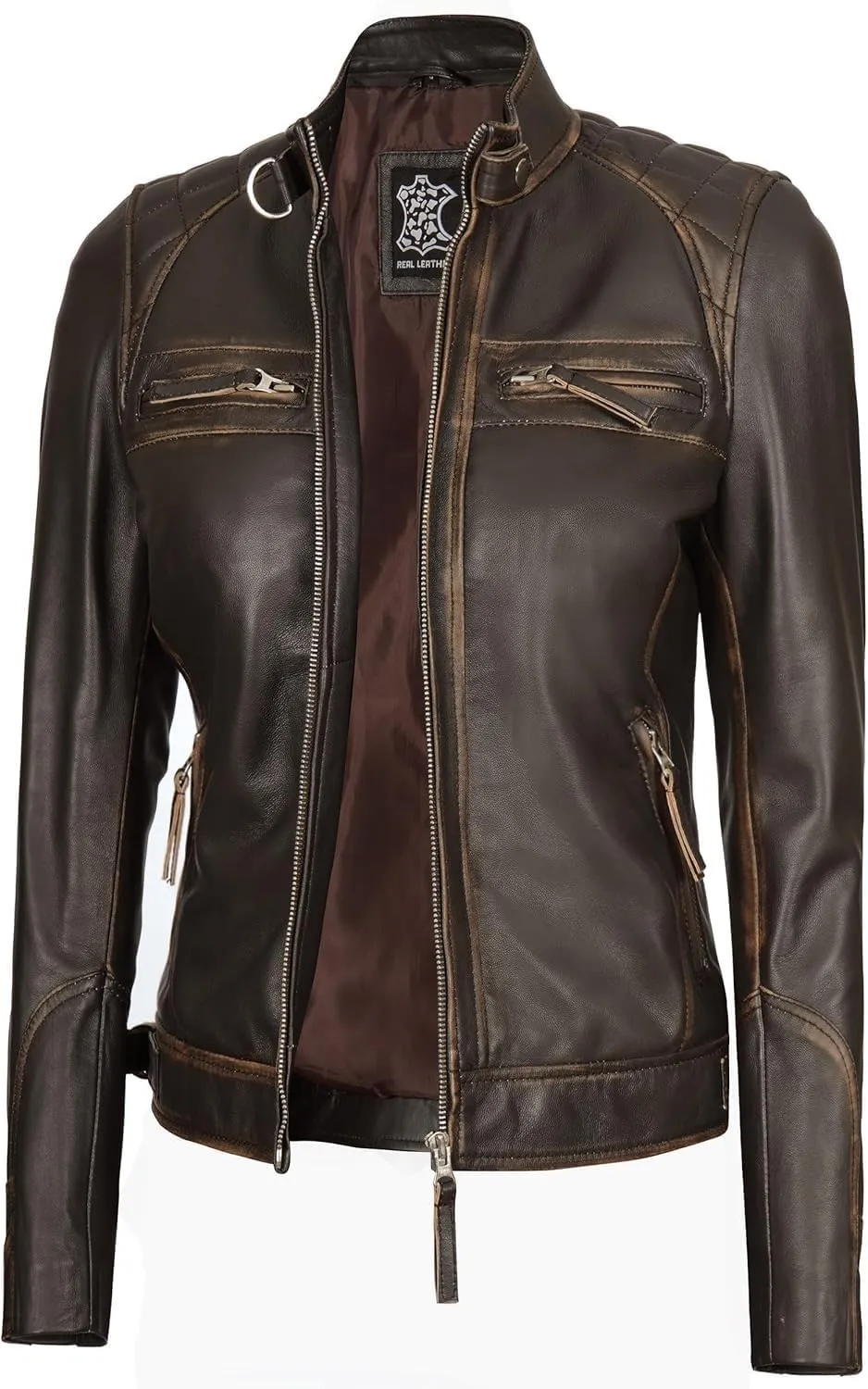 Decrum Real Womens Leather Jacket - Cafe Racer Style Leather Jackets for Women