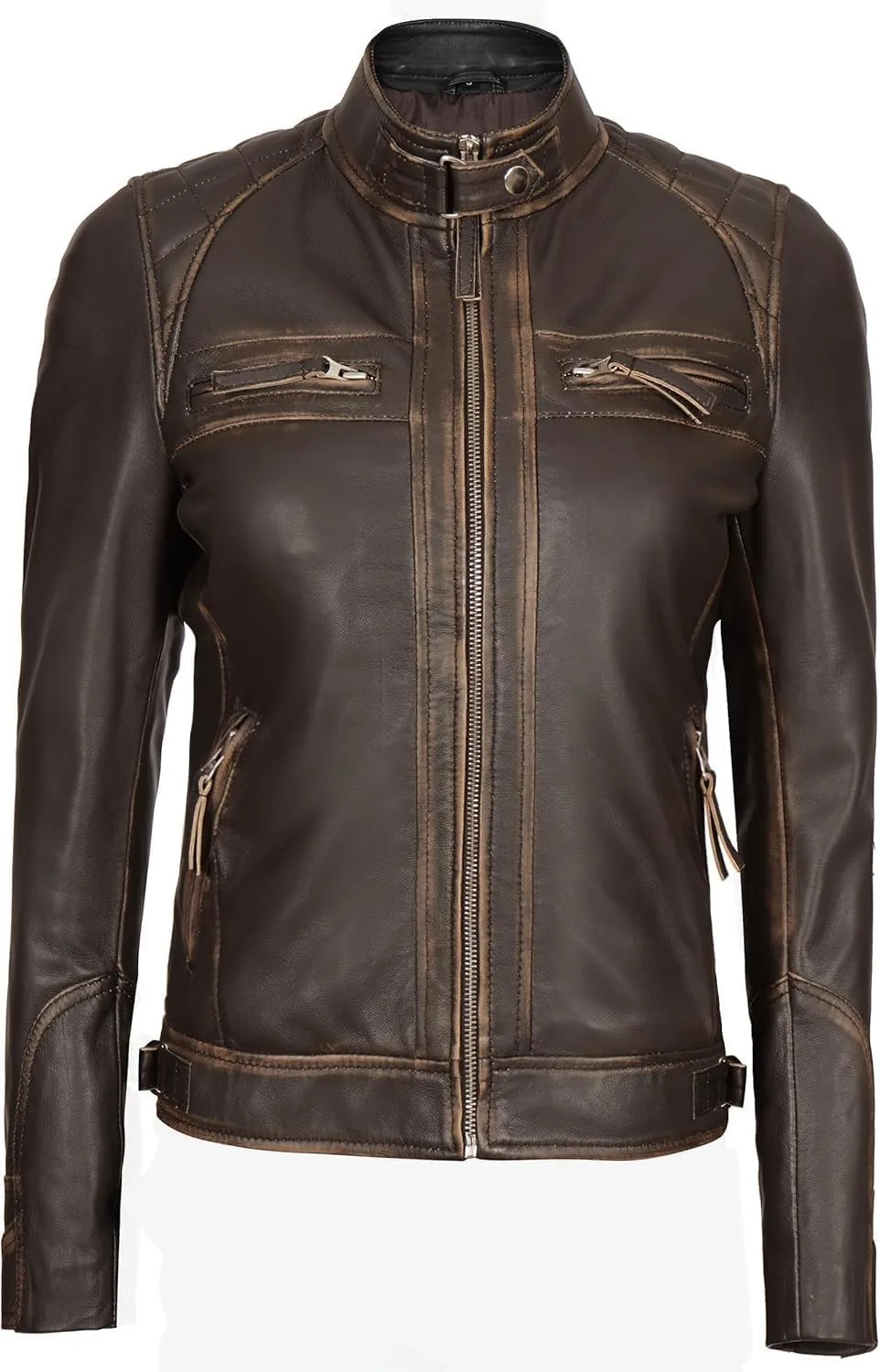 Decrum Real Womens Leather Jacket - Cafe Racer Style Leather Jackets for Women