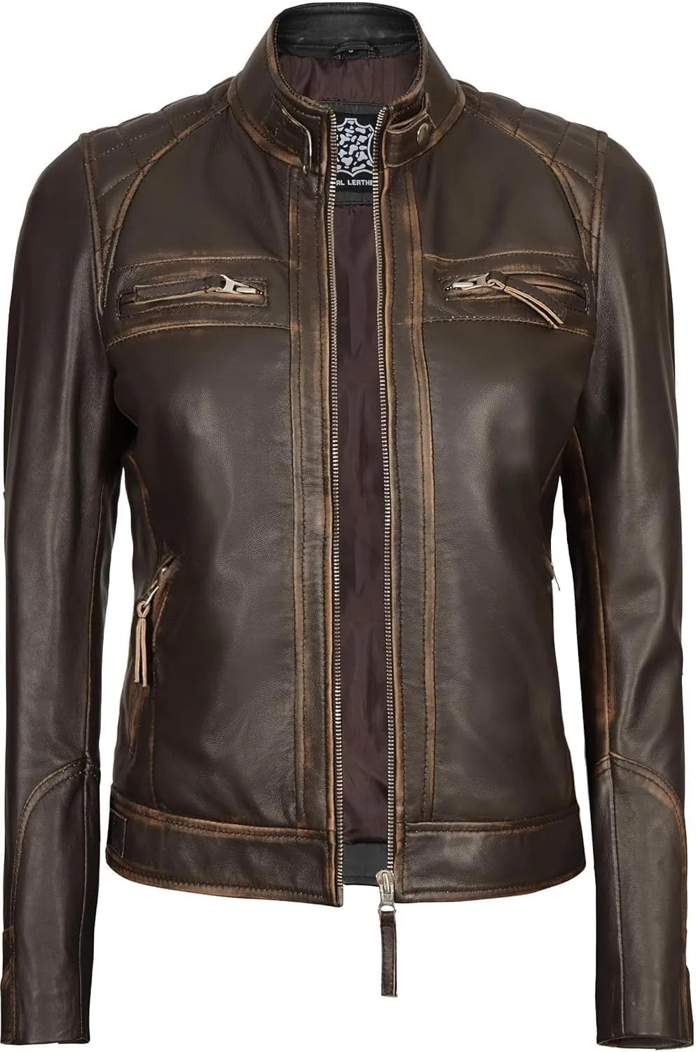 Decrum Real Womens Leather Jacket - Cafe Racer Style Leather Jackets for Women