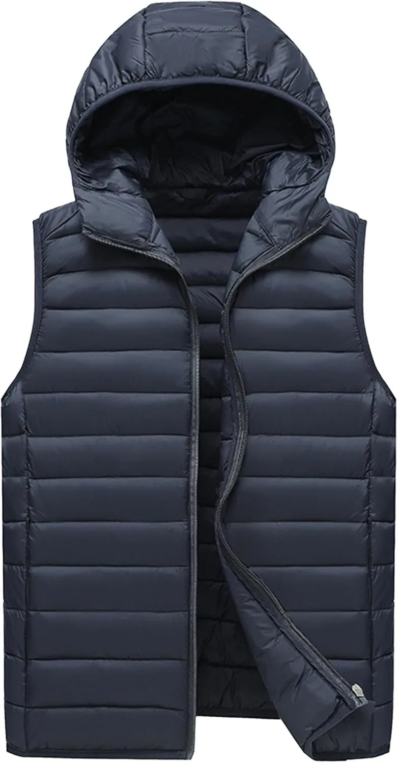DGHM-JLMY Men's Sleeveless Lightweight Quilted Puffer Down Winter Hooded Down Cotton Vest Casual Vest Loose Coat with Hood