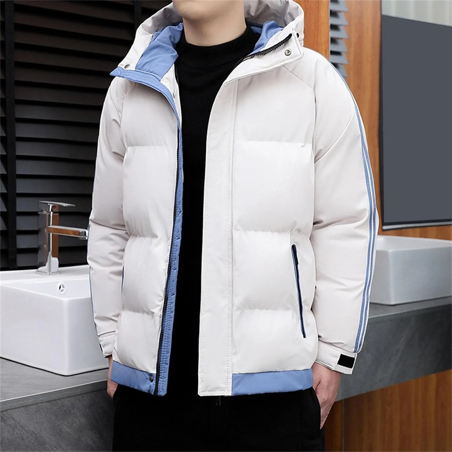 DGHM-JLMY Men's Stand Collar Zipper Winter Cargo Coat Hooded Hiking Thickened Warm Down Jacket Loose Color Block Down Coats