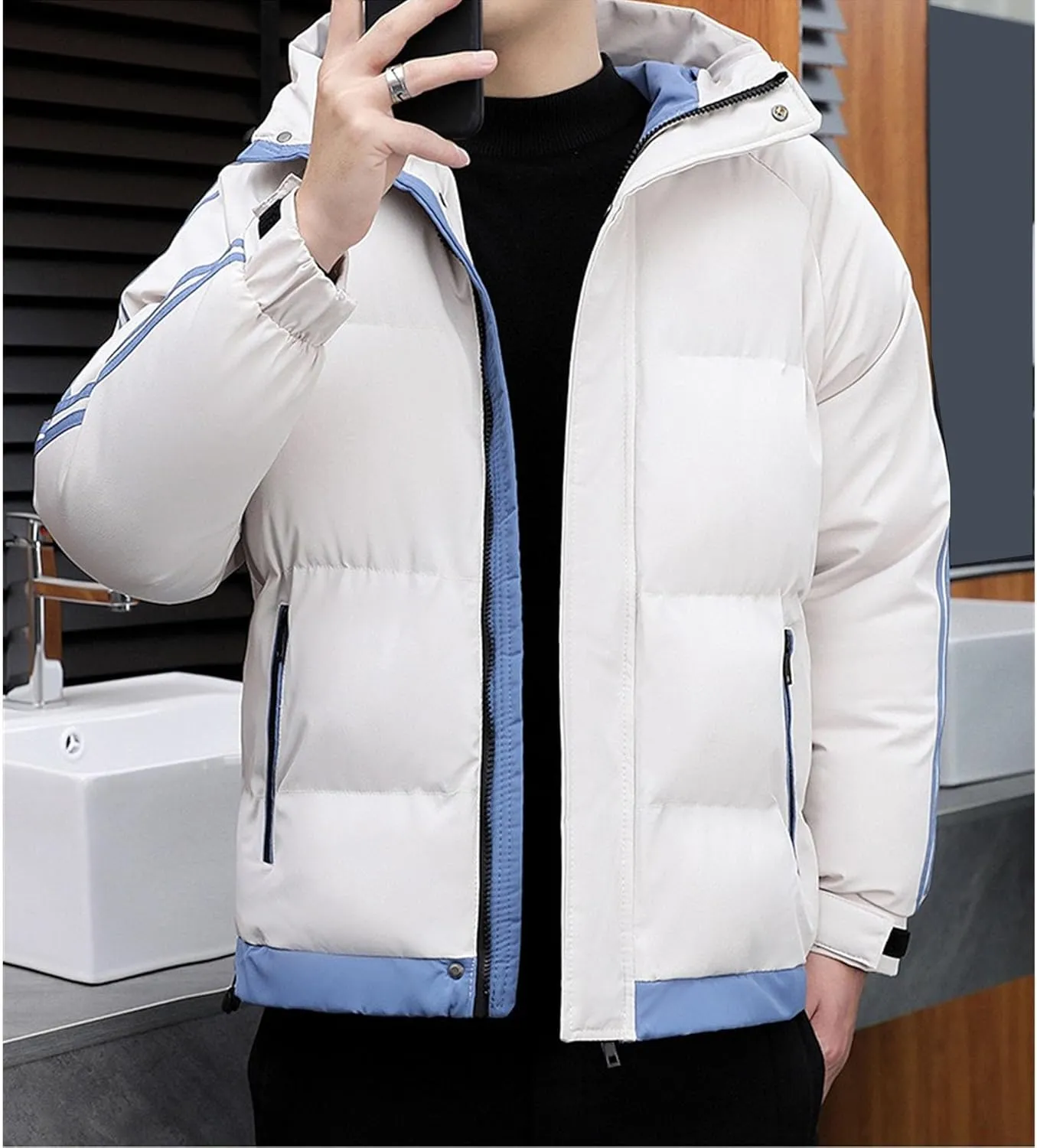 DGHM-JLMY Men's Stand Collar Zipper Winter Cargo Coat Hooded Hiking Thickened Warm Down Jacket Loose Color Block Down Coats