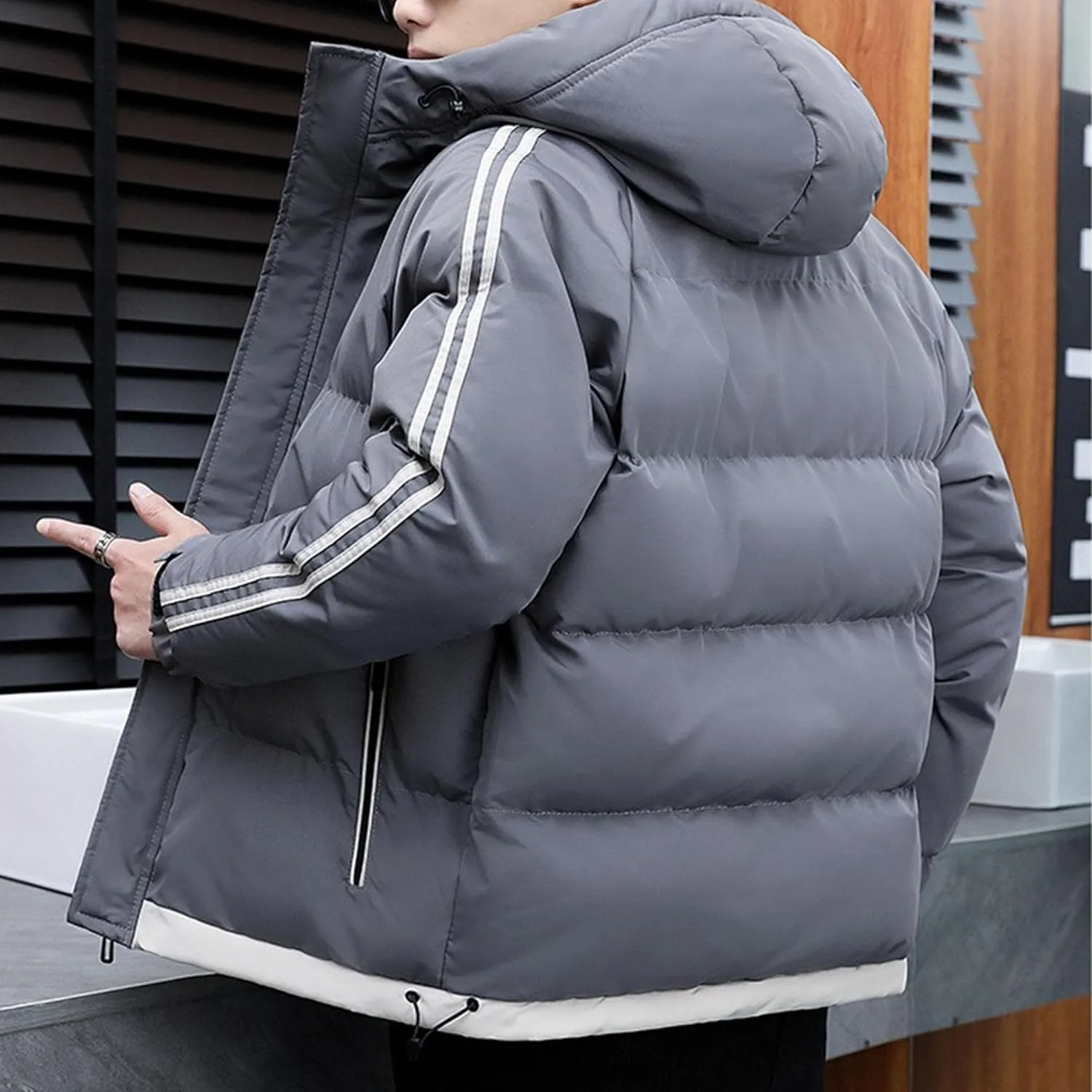 DGHM-JLMY Men's Stand Collar Zipper Winter Cargo Coat Hooded Hiking Thickened Warm Down Jacket Loose Color Block Down Coats