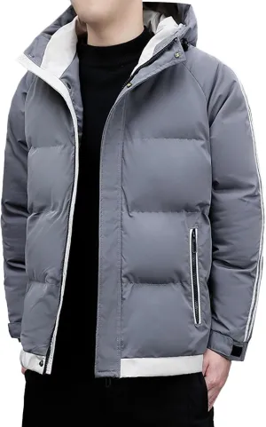 DGHM-JLMY Men's Stand Collar Zipper Winter Cargo Coat Hooded Hiking Thickened Warm Down Jacket Loose Color Block Down Coats