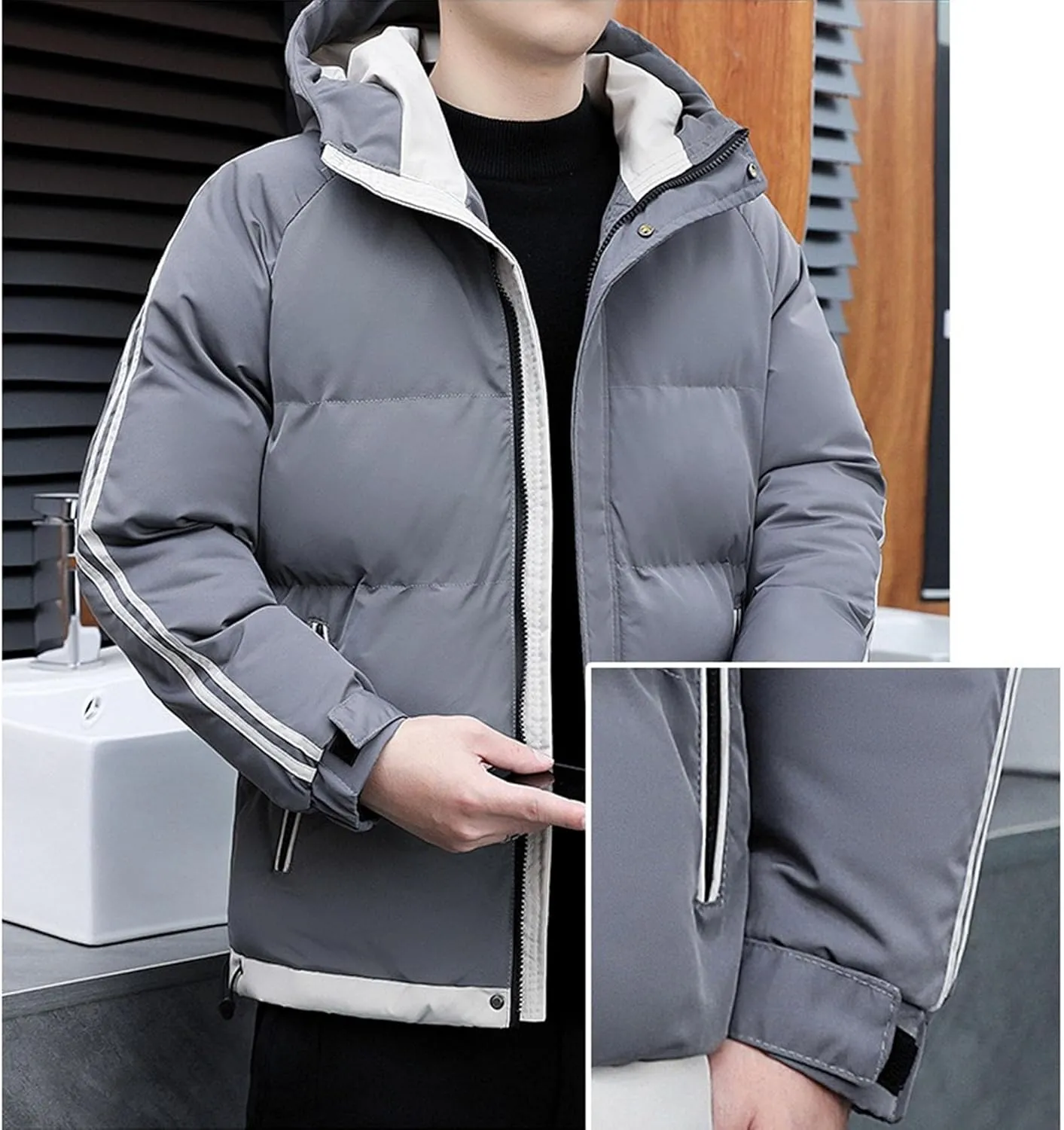 DGHM-JLMY Men's Stand Collar Zipper Winter Cargo Coat Hooded Hiking Thickened Warm Down Jacket Loose Color Block Down Coats