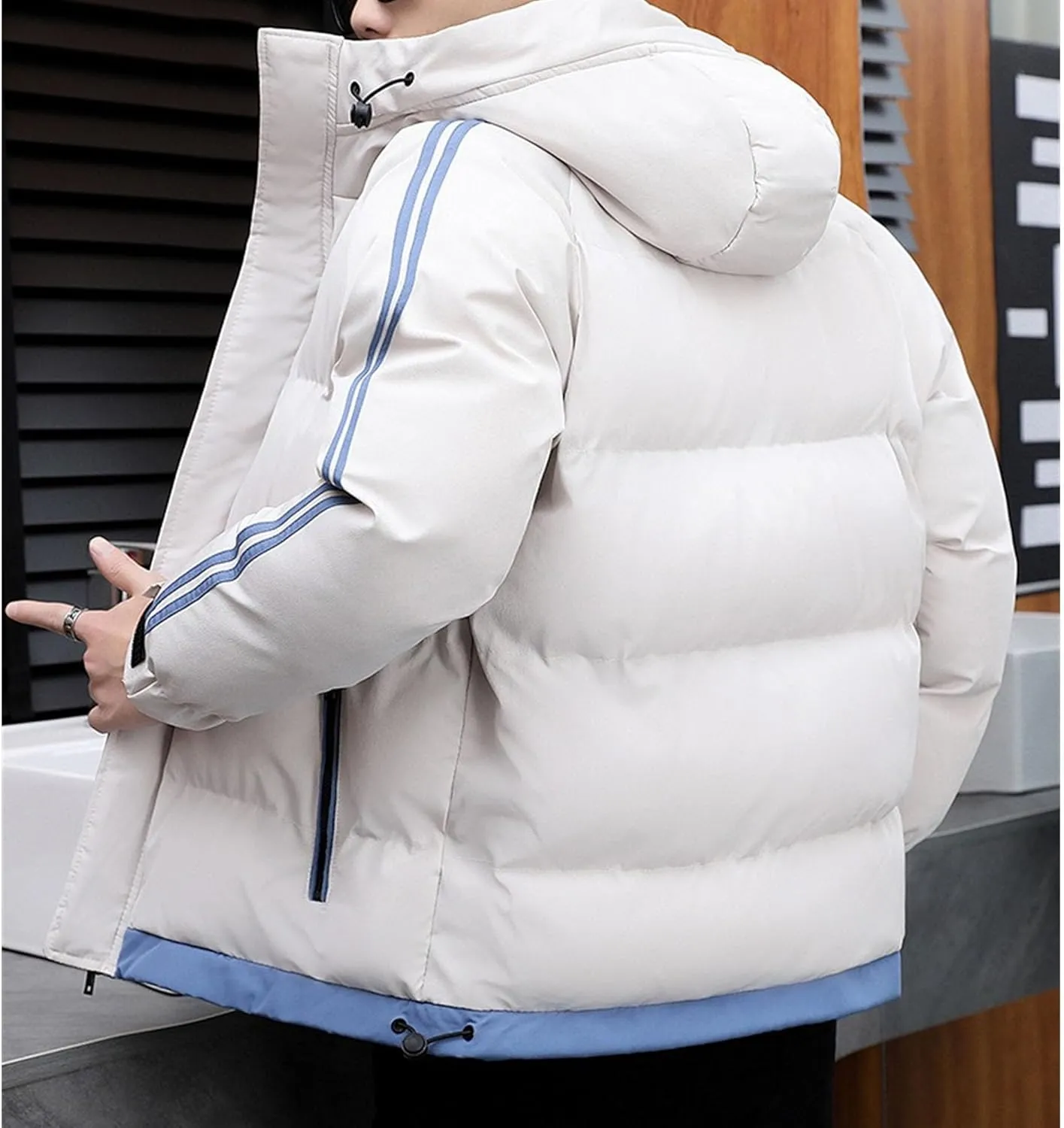 DGHM-JLMY Men's Stand Collar Zipper Winter Cargo Coat Hooded Hiking Thickened Warm Down Jacket Loose Color Block Down Coats
