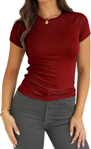 Dwnval Womens Basic Summer Short Sleeve Crewneck T Shirt Raglan Ribbed Knitted Slim Fit Casual Going Out Tops